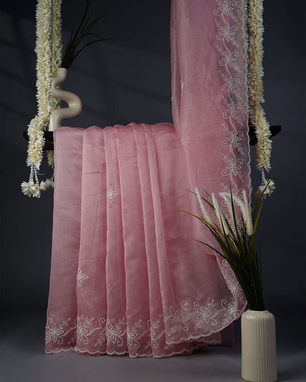 Organza Saree with Embroidery Butties and Border- Pink