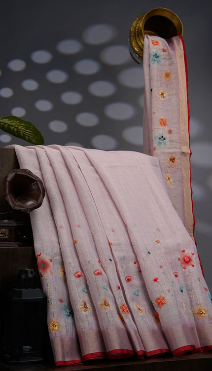 Linen Tissue Saree With Floral Print & Knot Work - Light Pink