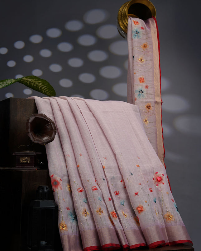 Linen Tissue Saree With Floral Print & Knot Work - Light Pink