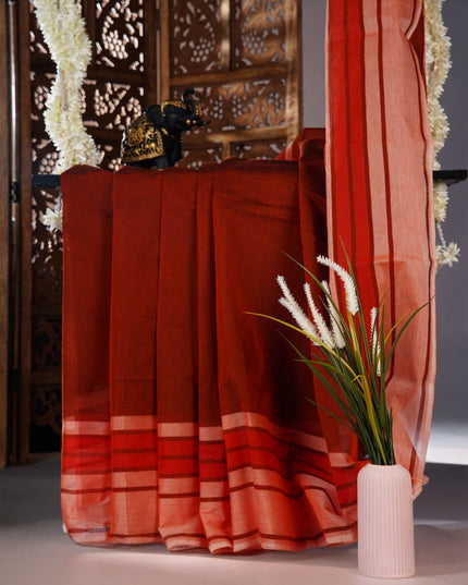 Cotton Handloom Saree with striped border - Rust