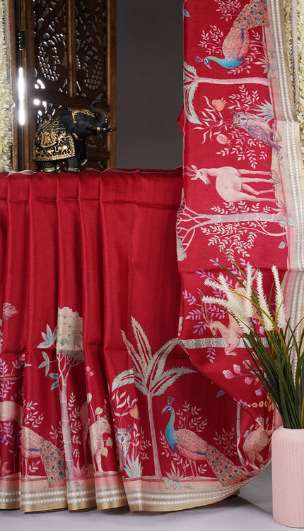 Tusser Silk With Digital Print Thread Border - Red