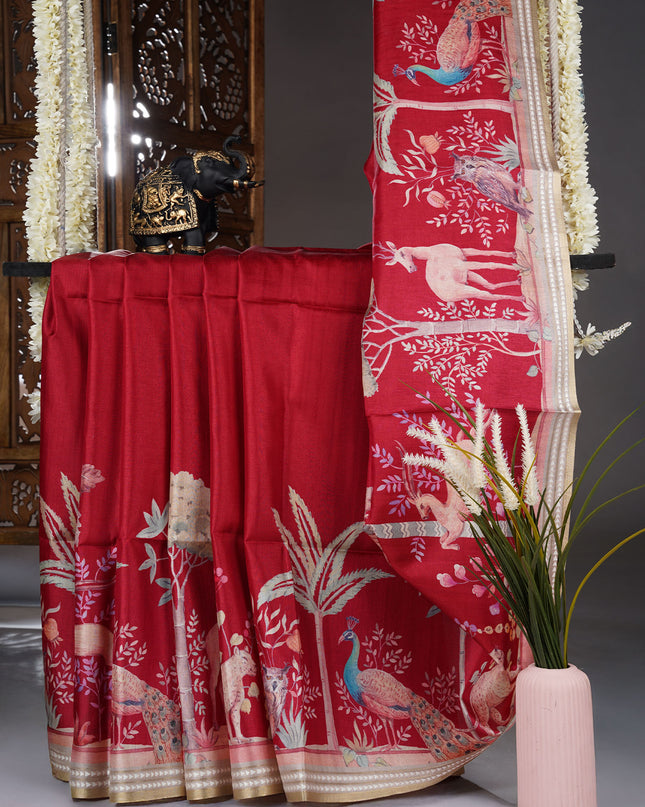 Tusser Silk With Digital Print Thread Border - Red