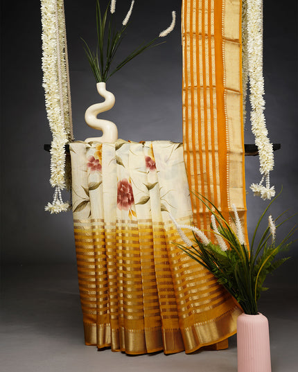 Munga Silk Saree with Centre Point Horizontal Zari Lines- Yellow