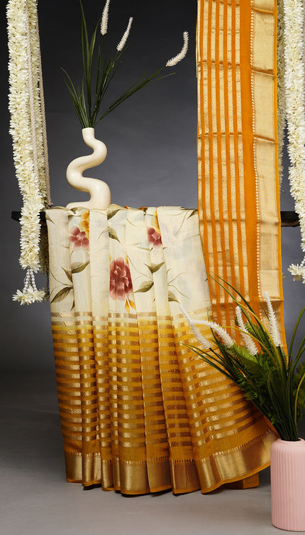 Munga Silk Saree with Centre Point Horizontal Zari Lines- Yellow