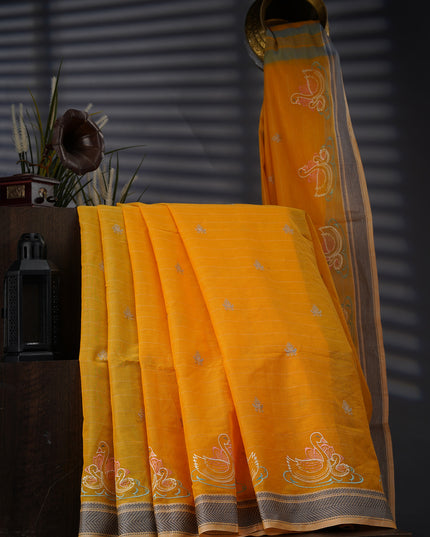 Handloom Cotton Saree With Thread Embroidery Butties Border - Mustered