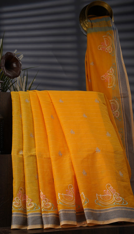 Handloom Cotton Saree With Thread Embroidery Butties Border - Mustard