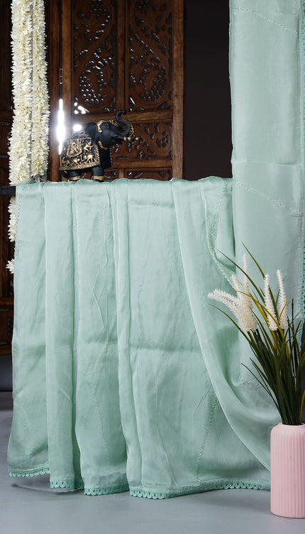 Italian Crape With Kardhana Hand Work Lace Border - Mint Green