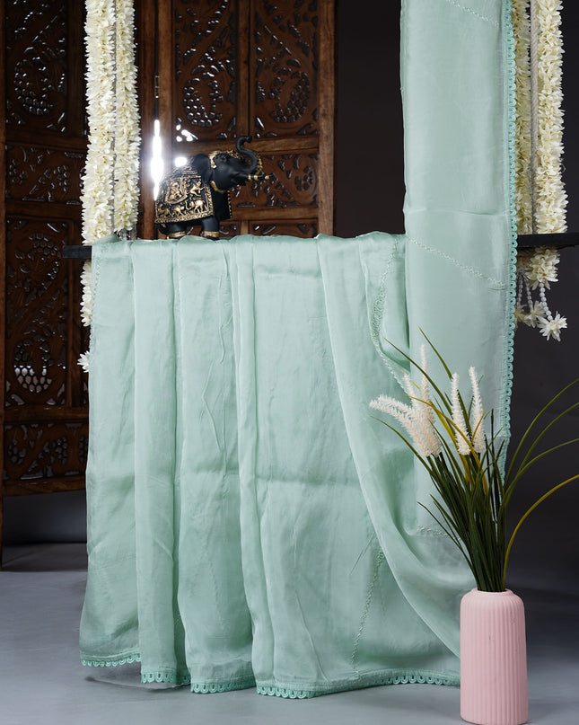 Italian Crape With Kardhana Hand Work Lace Border - Mint Green