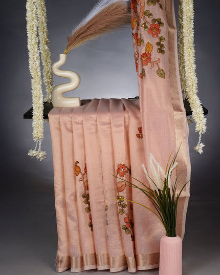 Tissue Linen Saree With  Floral Embroidery & Sequins Work - Light Pink