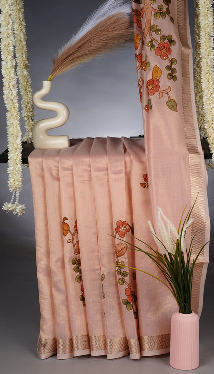 Tissue Linen Saree With  Floral Embroidery & Sequins Work - Light Pink