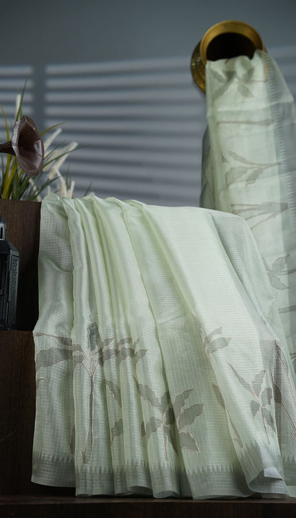 Silk Kota Saree with Ari Work Border- Pista Green