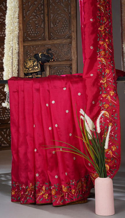 Dupion saree with  golden butties and thread work and border - Magenta