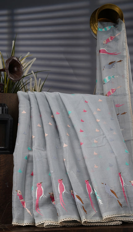 Silk Kota Saree With Thread Embroidery Butties And Border - Grey