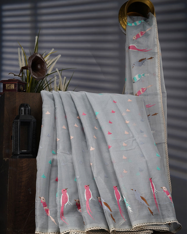 Silk Kota Saree With Thread Embroidery Butties And Border - Grey