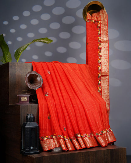 Wrinkle Crepe with Thread Embroidery Work Border- Orange