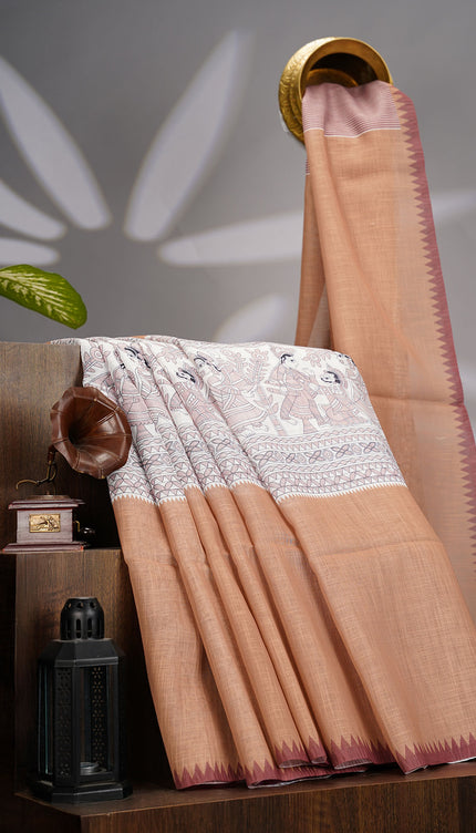 Lenin Silk Saree with Madhubani Print and Contrast Border- Mustard