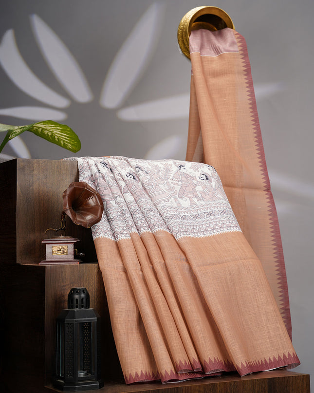 Lenin Silk Saree with Madhubani Print and Contrast Border- Mustard