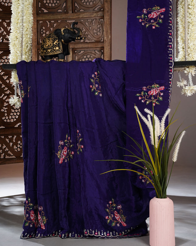 Italian crepe saree with thread Embroidered work butties and scallop border Kardhana work - Voilet