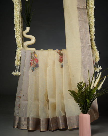 Kota Chanderi Saree with Mirror and Applique Work Contrast Border- Blue