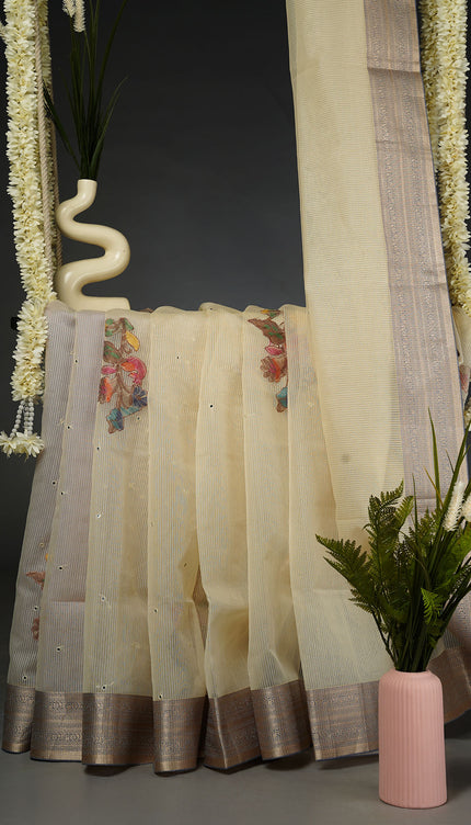 Kota Chanderi Saree with Mirror and Applique Work Contrast Border- Blue