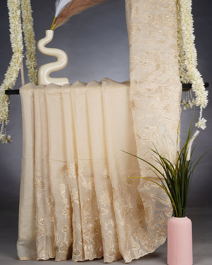 Kota Silk Saree With Applique Work and Scallop Border - Cream