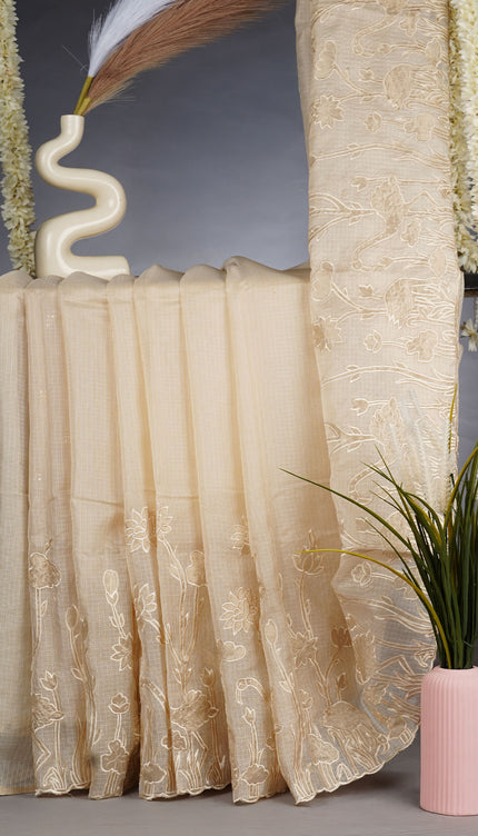 Kota Silk Saree With Applique Work and Scallop Border - Cream