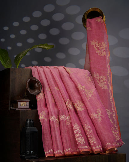 Tissue Lenin Saree with Applique Work- Onion Pink
