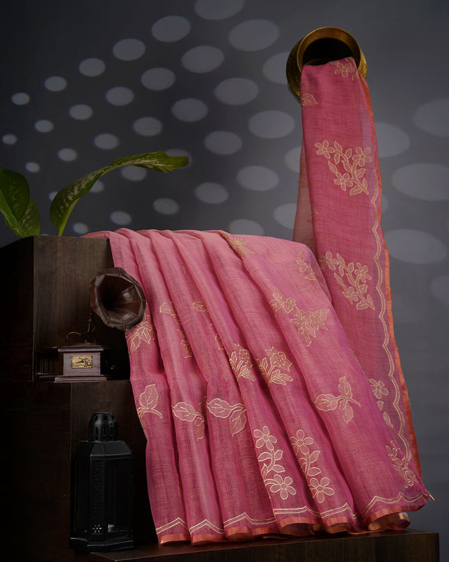 Tissue Lenin Saree with Applique Work- Onion Pink