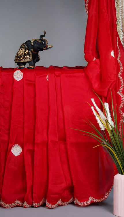 Russian Silk Zardozi Work with Scallop Border - Red