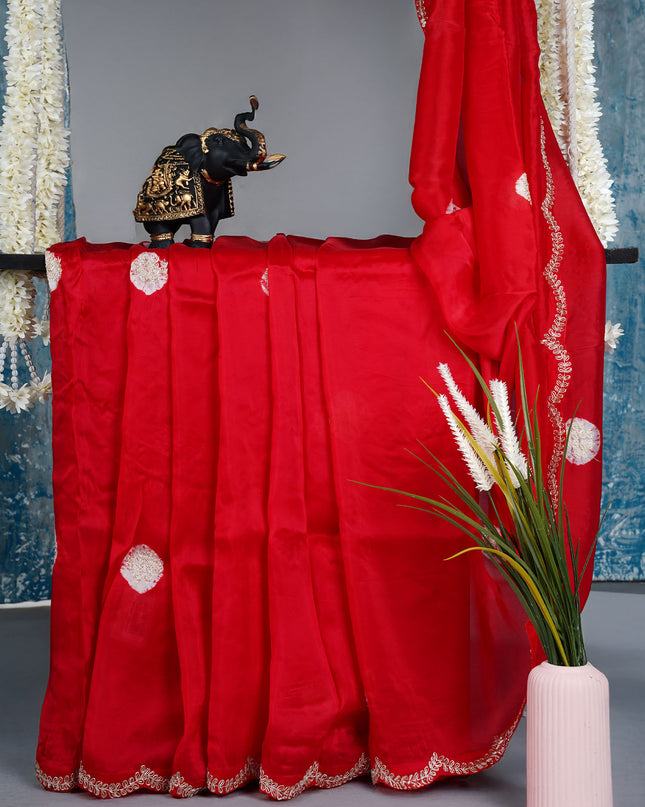 Russian Silk Zardozi Work with Scallop Border - Red