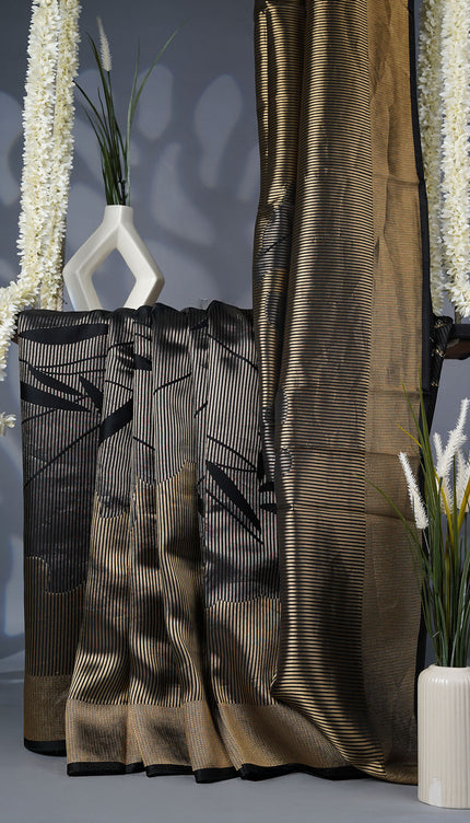 Banarasi Silk Saree with Golden Zari Stripes and Gold Zari Border- Black