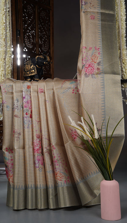 Tusser saree weaving checks floral print with golden border - Beige
