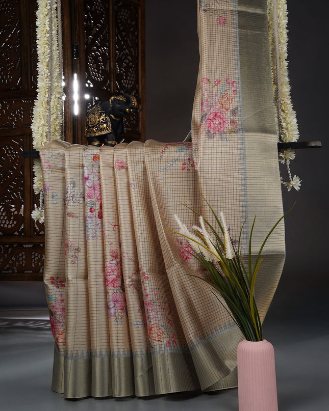 Tusser saree weaving checks floral print with golden border - Beige
