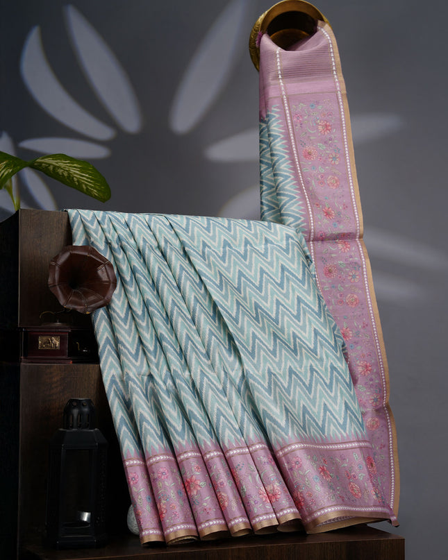 Tusser Silk Saree with Floral Print Border- Sea Green