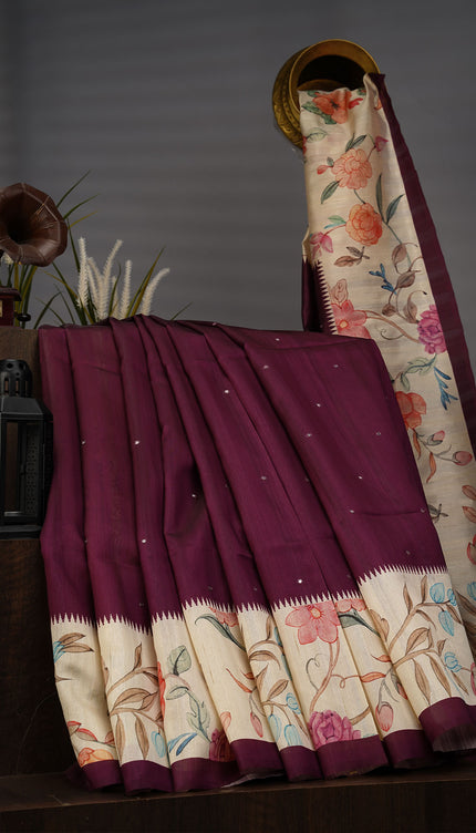 Tusser Silk Allover Mirror Work With Digital Print - Purple