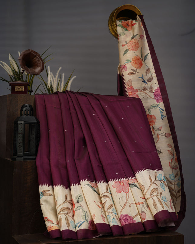 Tusser Silk Allover Mirror Work With Digital Print - Purple