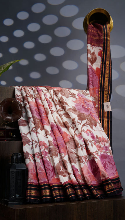 Managalagiri Silk Saree with Floral Print and Contrast Border- Snuff