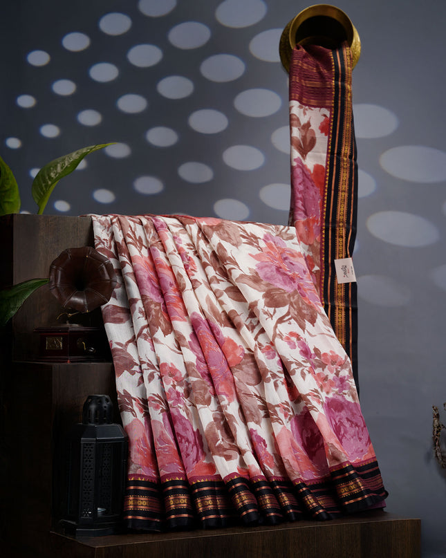 Managalagiri Silk Saree with Floral Print and Contrast Border- Snuff