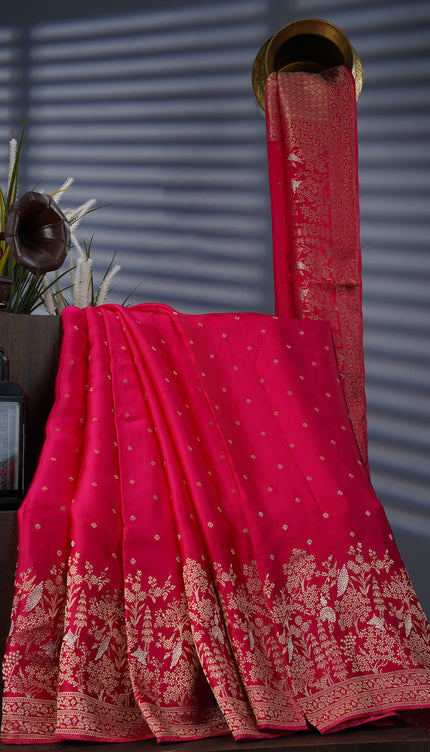 Banaras Silk with Golden Border- Rani Pink
