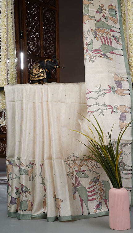 Tussar silk saree with Allover Digital Print Mukesh Work - C & Green