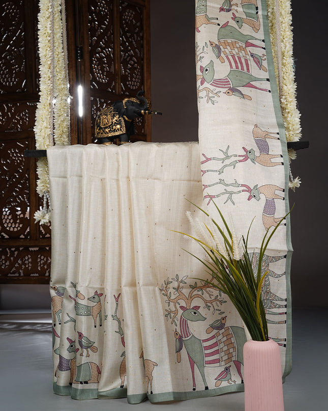 Tussar silk saree with Allover Digital Print Mukesh Work - C & Green