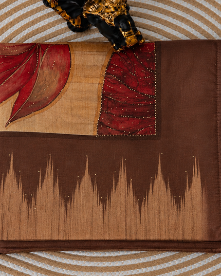 Chanderi Saree Lotus Butties Temple Design Border- Brown