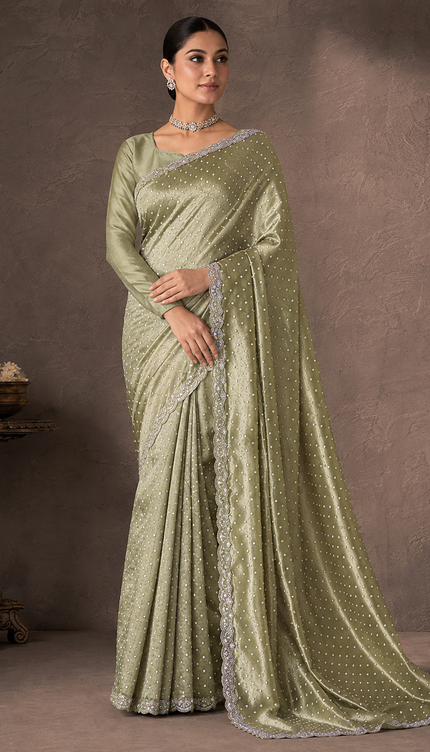 Soft Tissue Saree With  All over Golden Butties And Scallop Border with kardhana zardozi work - Sea Green