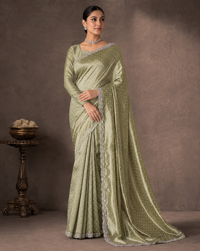Soft Tissue Saree With  All over Golden Butties And Scallop Border with kardhana zardozi work - Sea Green