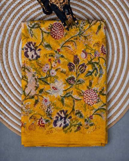 Chiffon Saree With Hand block Print - Mustard