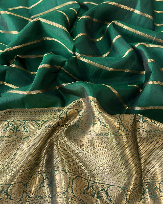 Pure Pattu Saree With Gold Cheks Weaving and  Peacock Buttes and Golden Border-  Black