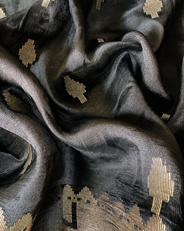 Chanderi  Silk Saree with All over Jamdani weaving style and Muniya border - Black