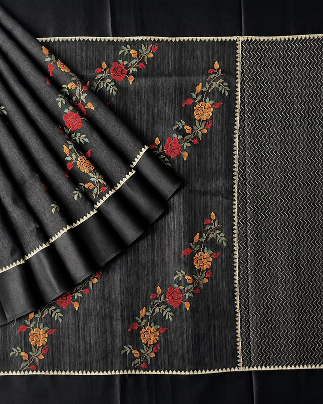 Jute Tusser Silk Saree With Cross Stich Work Border- Black