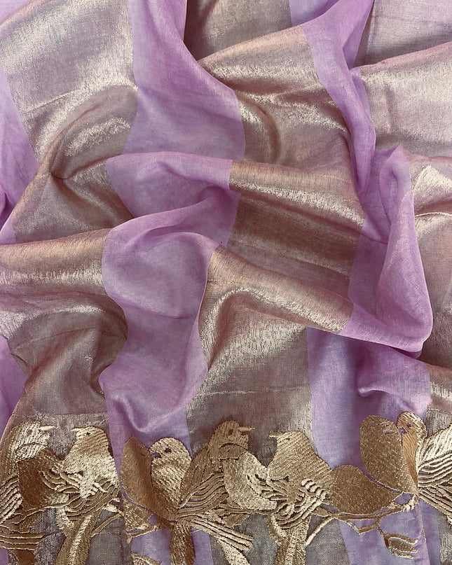 Soft Orznga  Saree With Tissue Stripes and Thread Embroidery Work Scallop Border  - Light Pink