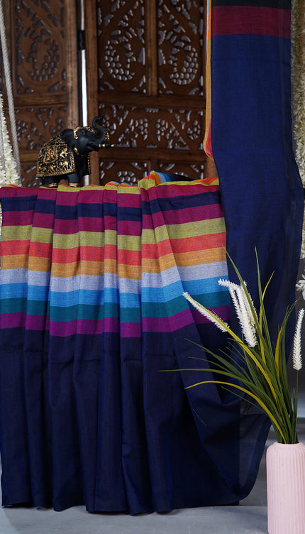 Mulcotton saree with  multicolored check pattern - Navy
